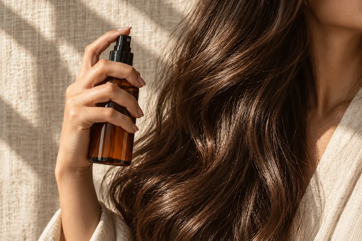 Composizione editoriale dedicata alla protezione dei capelli durante la piega